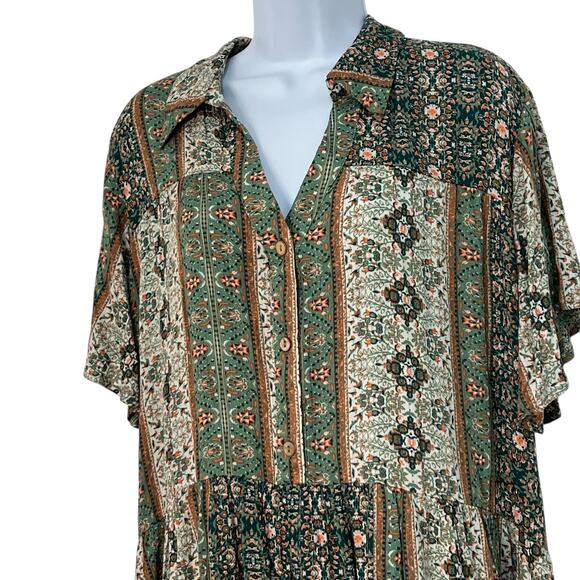 Easel Floral Earthy Geometric Babydoll Dress Sage Green Retro Flair Indie Sz 1X - Picture 2 of 11